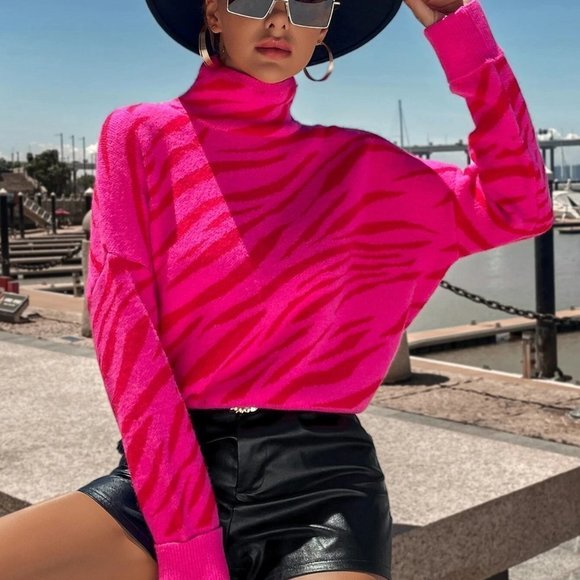 . Sweaters - Hot pink Casual Womens Zebra Striped Pattern High Neck Drop Shoulder Sweater